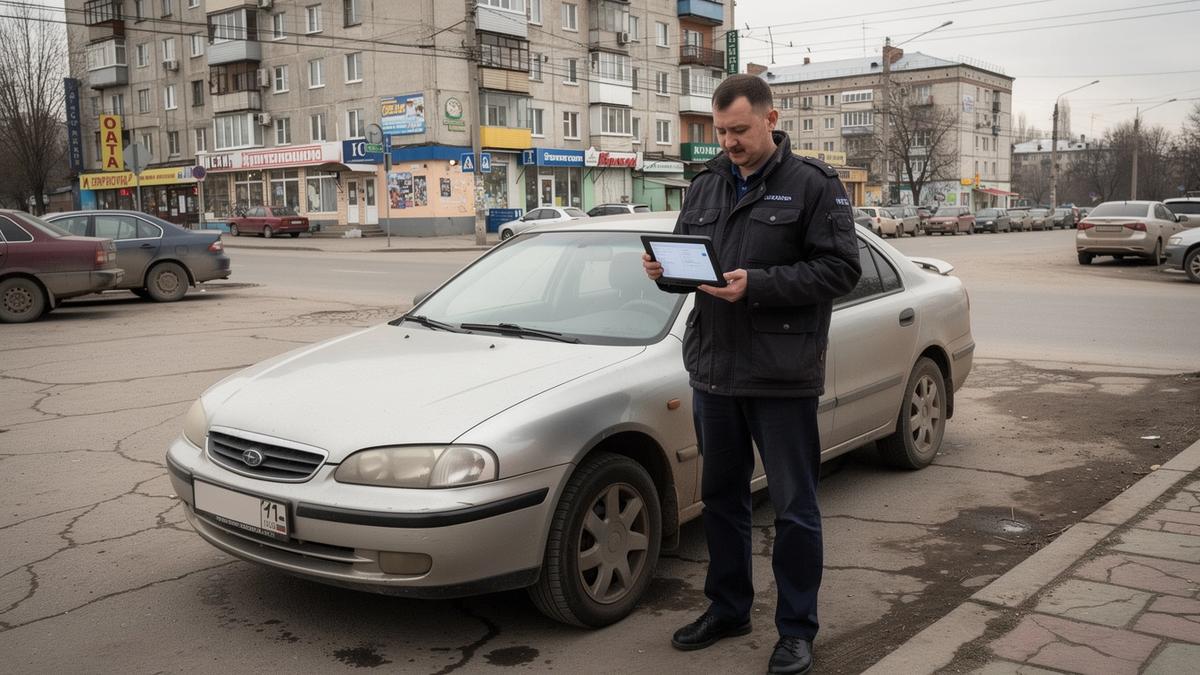 Inspector using a diagnostic tablet next to a used car at a city lot.