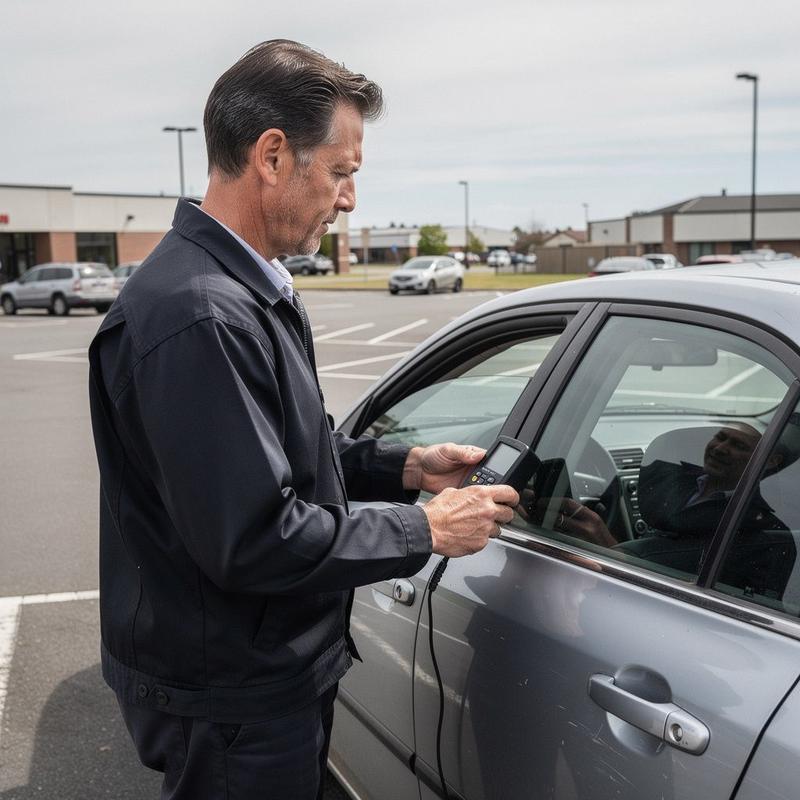 Inspector measuring paint thickness on the door of a used car during a mobile inspection